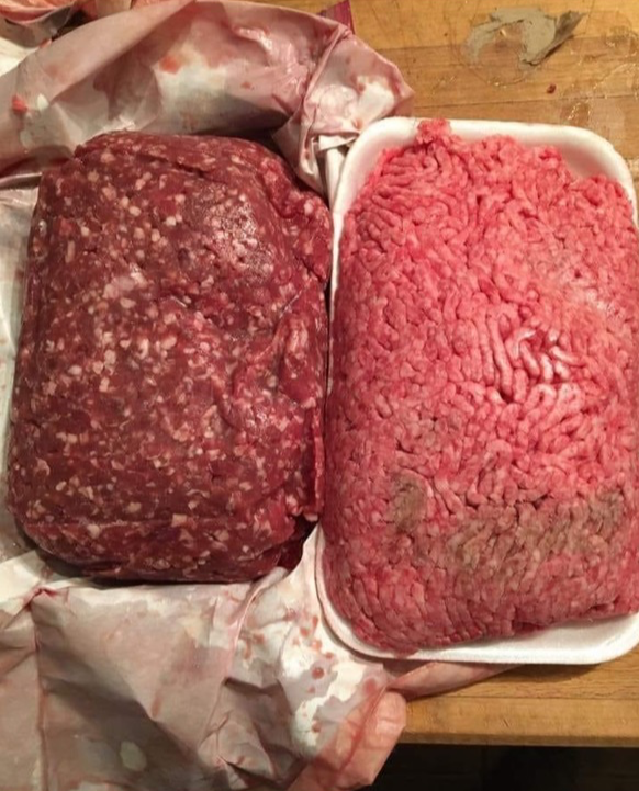 grass fed longhorn beef on the left store bought beef on the right